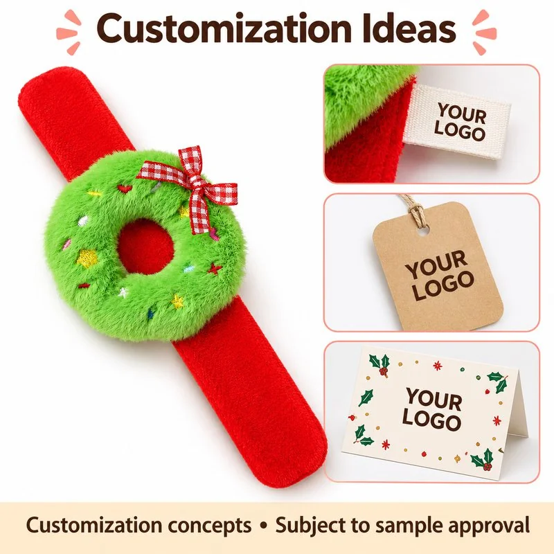 Private-label concept for green wreath plush slap bracelet, showing proposed brand label and hangtag and gift-card options; sample approval required.
