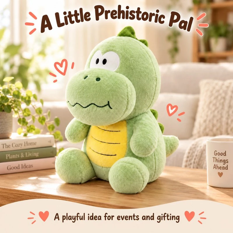 Illustrative application scene featuring green yellow belly dinosaur plush; setting is a concept.
