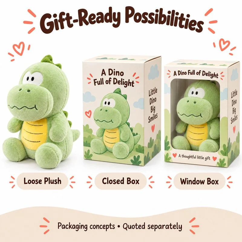 Green Yellow Belly Dinosaur Plush — optional packaging concept; final artwork, fit and quotation require confirmation.