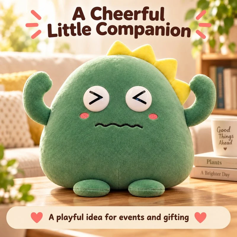 Illustrative application scene featuring green yellow crest monster plush; setting is a concept.