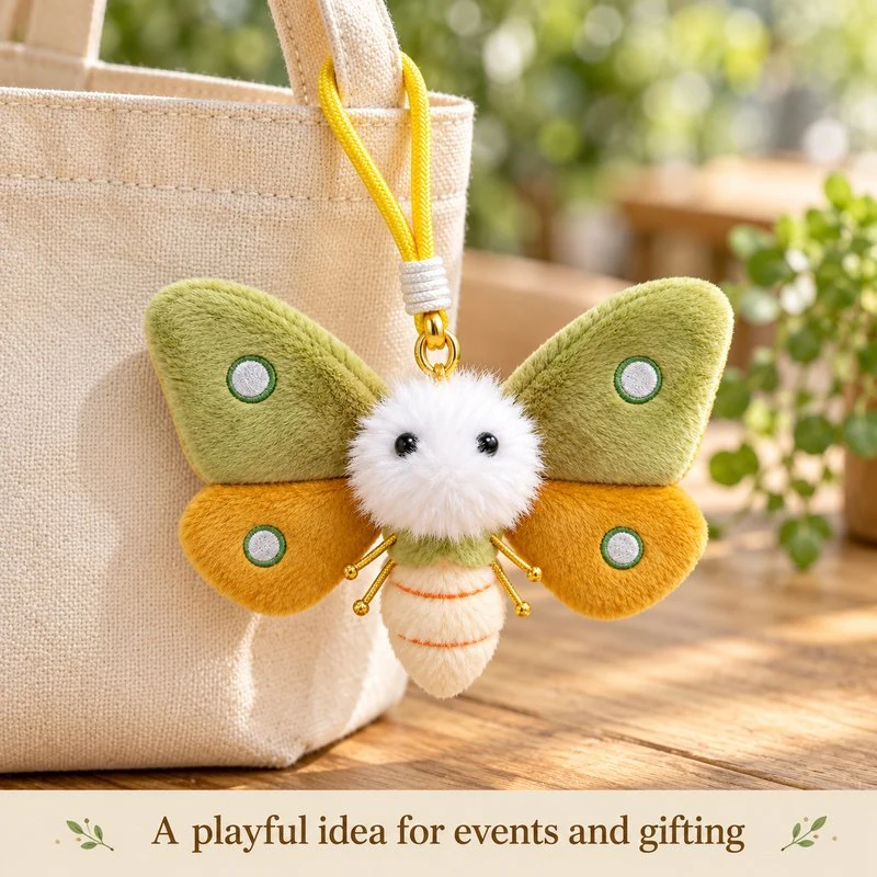 Illustrative application scene featuring green yellow moth plush keychain; setting is a concept.