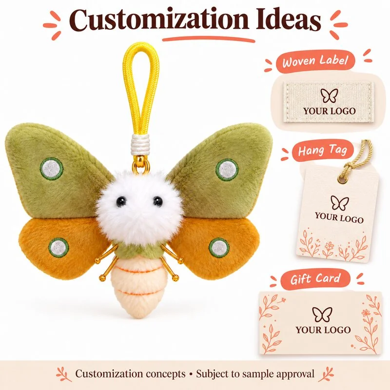 Customization concept for green yellow moth plush keychain; feasibility and sample approval required.