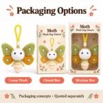 Green Yellow Moth Plush Keychain — optional packaging concept; final artwork, fit and quotation require confirmation.