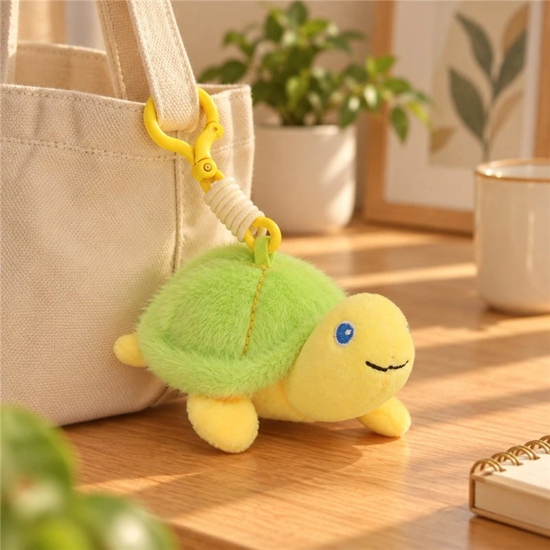 Illustrative application scene featuring green yellow turtle plush keychain; setting is a concept.
