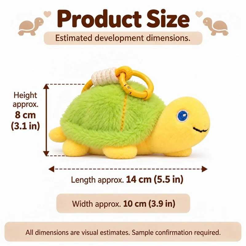 Green Yellow Turtle Plush Keychain — proposed size reference; dimensions require sample confirmation.