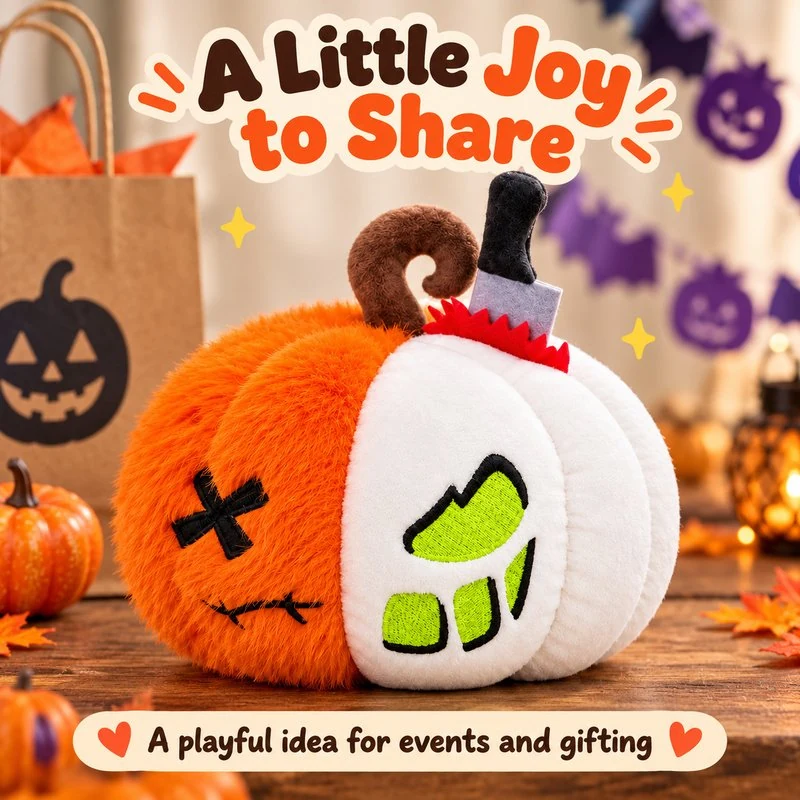 Illustrative application scene featuring half skull halloween pumpkin plush; setting is a concept.