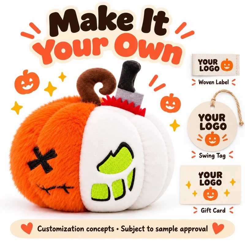 Customization concept for half skull halloween pumpkin plush; feasibility and sample approval required.