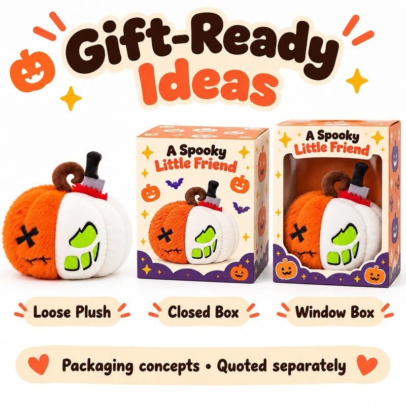 Half Skull Halloween Pumpkin Plush — optional packaging concept; final artwork, fit and quotation require confirmation.