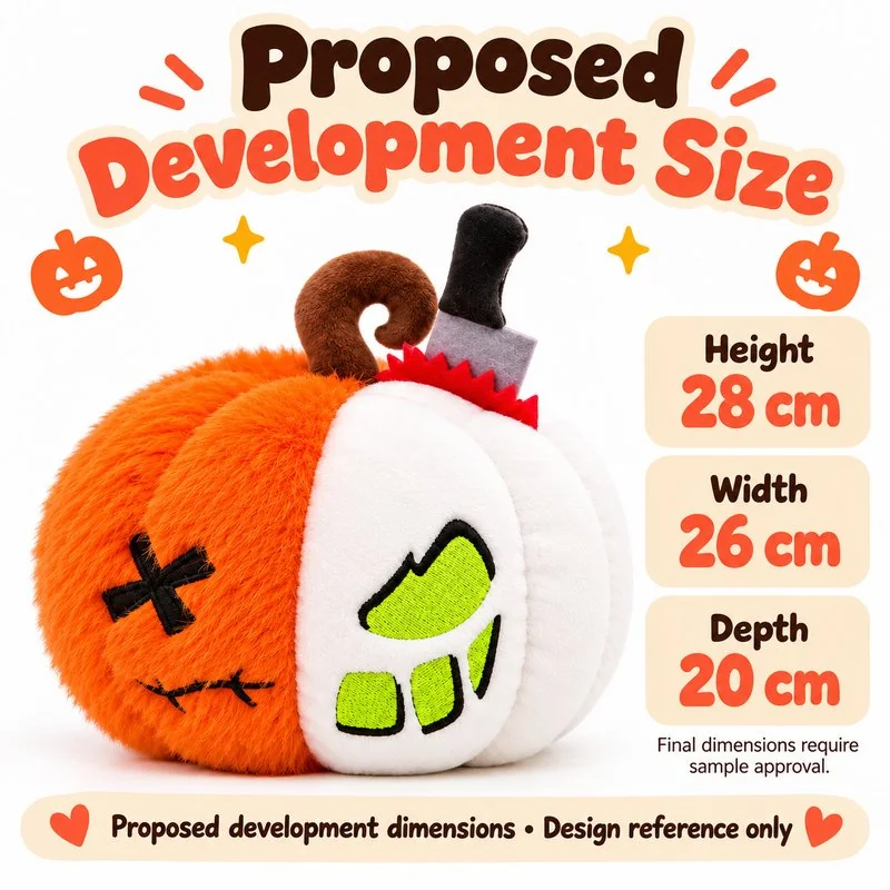 Half Skull Halloween Pumpkin Plush — proposed size reference; dimensions require sample confirmation.
