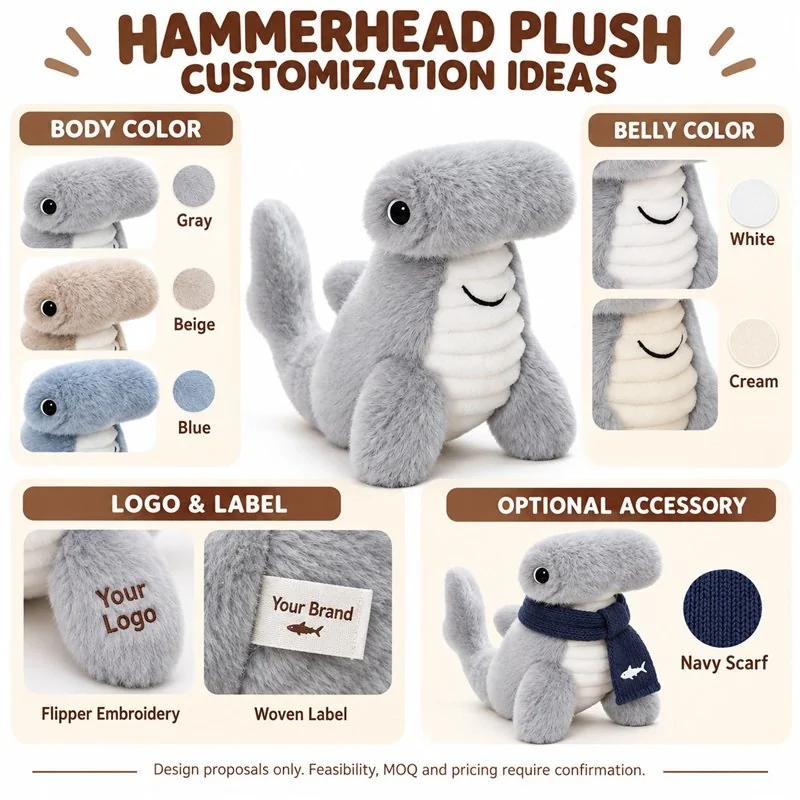 Customization concept for hammerhead shark plush; feasibility and sample approval required.