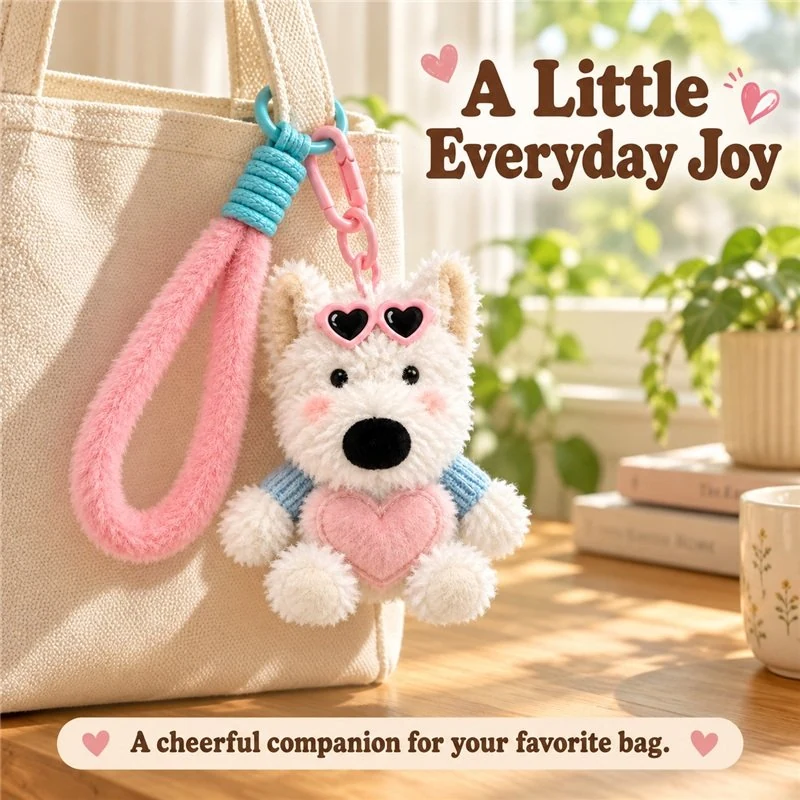 Illustrative application scene featuring heart sunglasses westie plush keychain; setting is a concept.