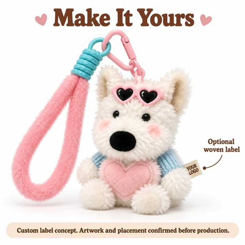 Customer-logo placement concept for heart sunglasses westie plush keychain; proposed label or hangtag options require sample approval.