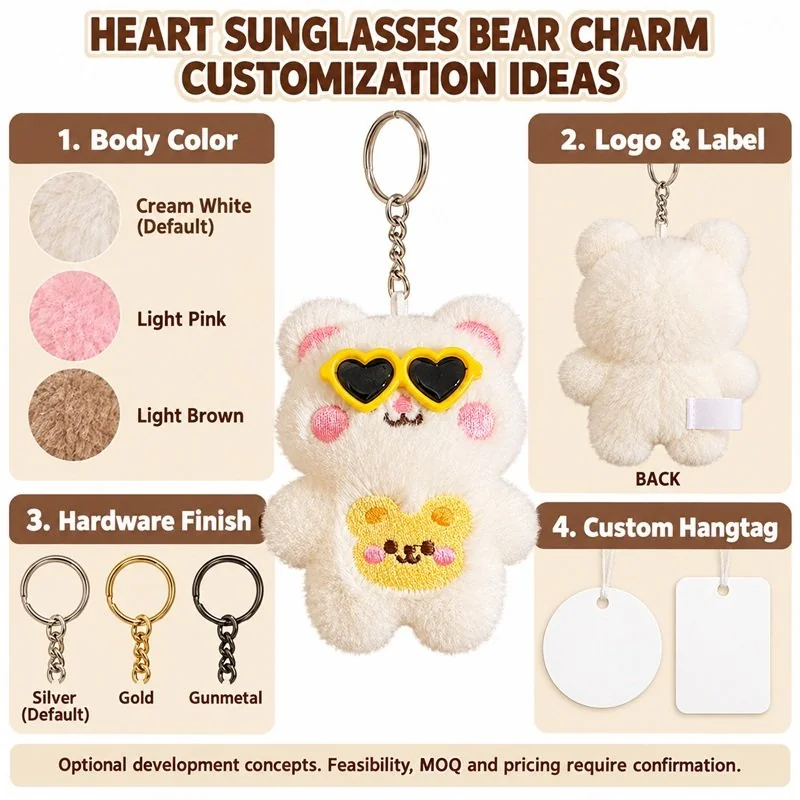 Customization concept for heart sunglasses white bear plush keychain; feasibility and sample approval required.