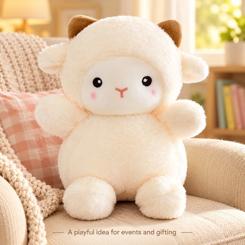 Illustrative application scene featuring ivory brown horn lamb plush; setting is a concept.