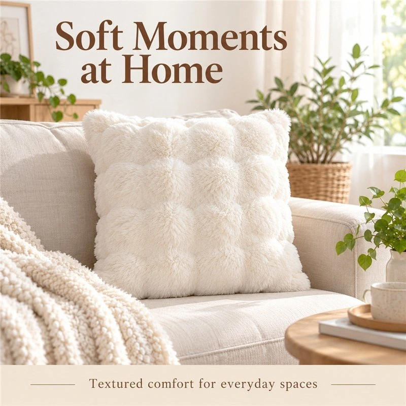 Illustrative application scene featuring ivory bubble texture plush cushion; setting is a concept.