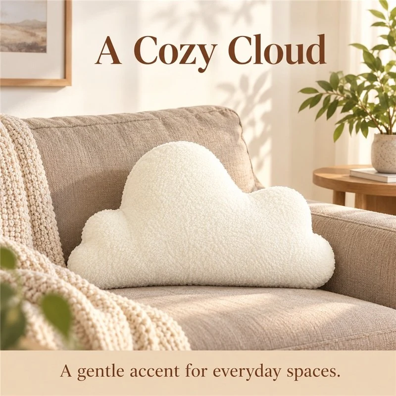 Illustrative application scene featuring plain ivory cloud plush pillow; setting is a concept.