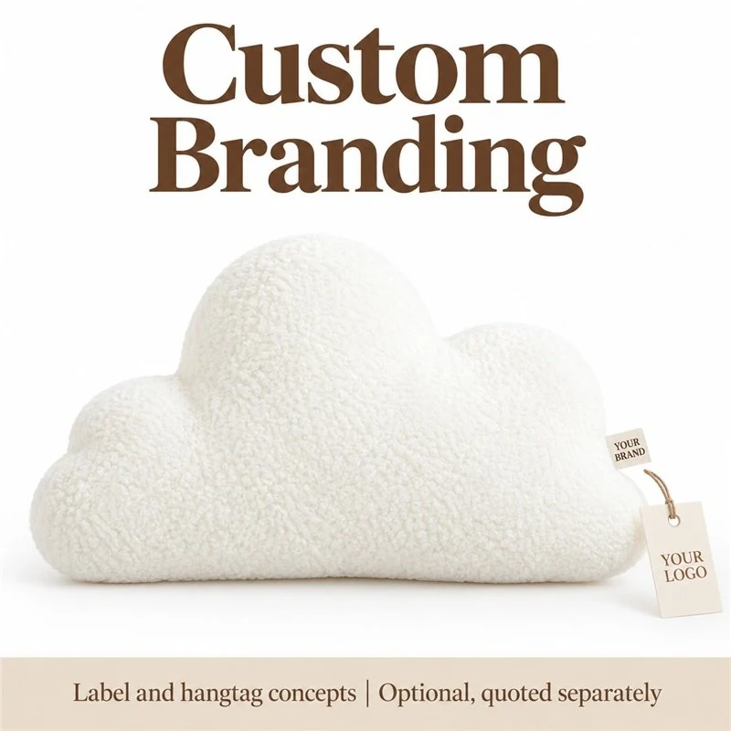 Customization concept for plain ivory cloud plush pillow; feasibility and sample approval required.