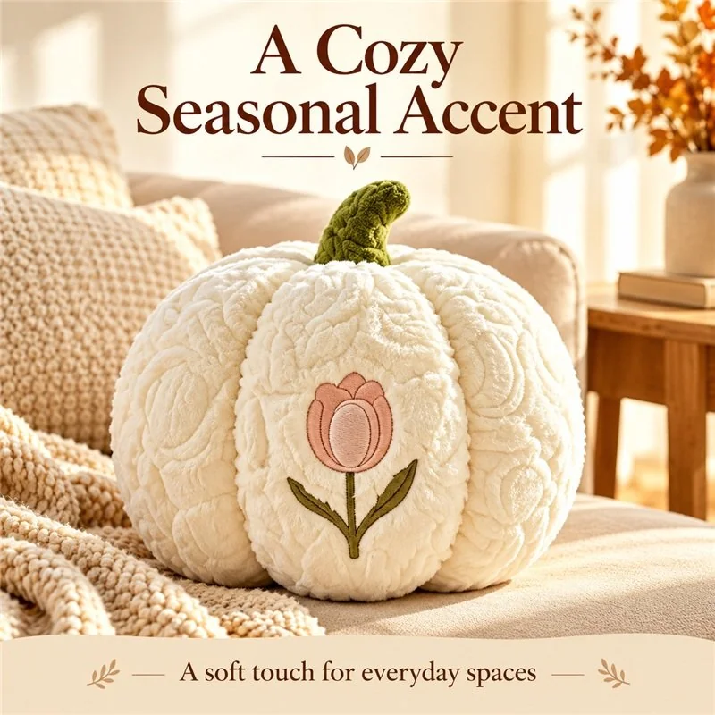 Illustrative application scene featuring ivory tulip pumpkin plush pillow; setting is a concept.