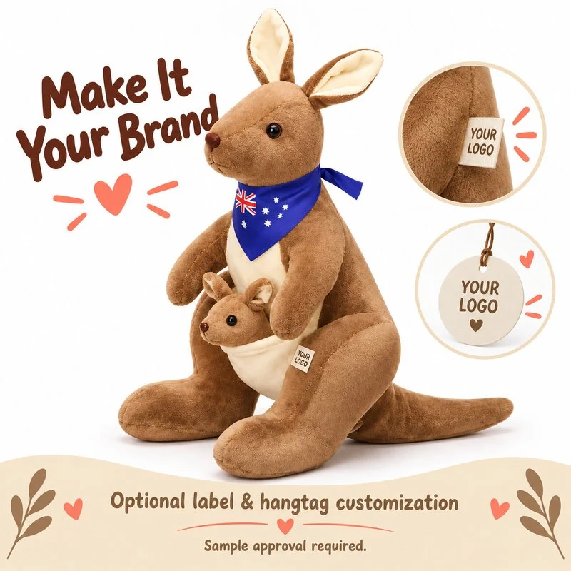 Customization concept for kangaroo and joey plush toy; feasibility and sample approval required.