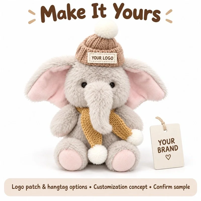 Customization concept for knit hat scarf elephant plush; feasibility and sample approval required.