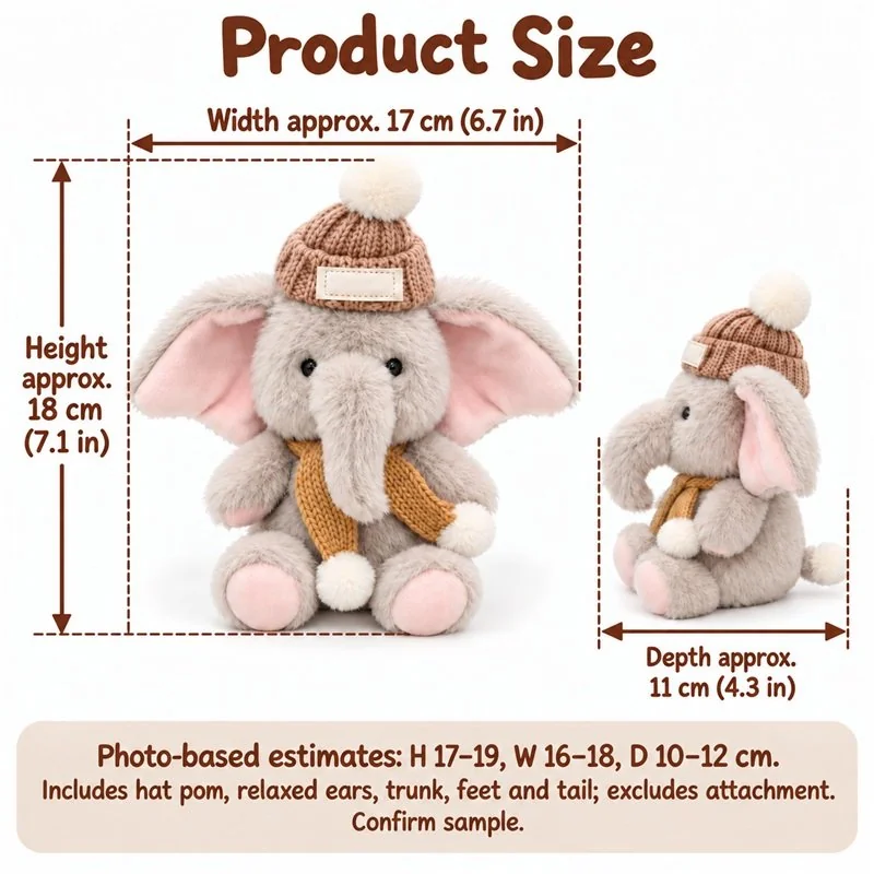 Knit Hat Scarf Elephant Plush — proposed size reference; dimensions require sample confirmation.