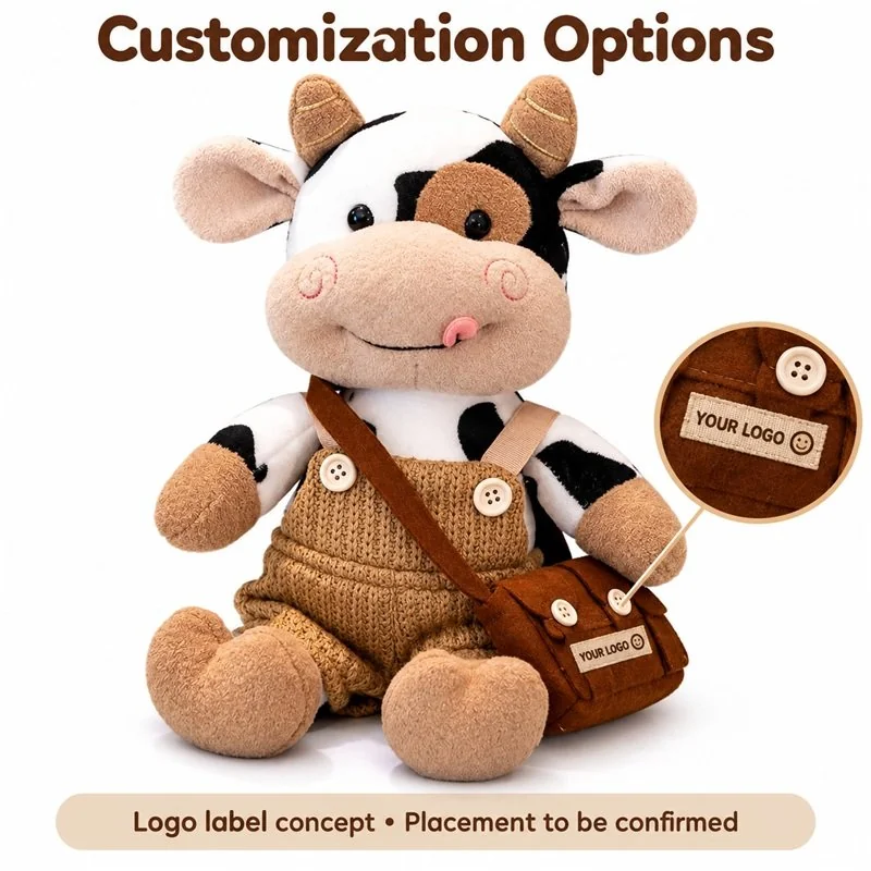 Customization concept for knitted overall cow plush; feasibility and sample approval required.
