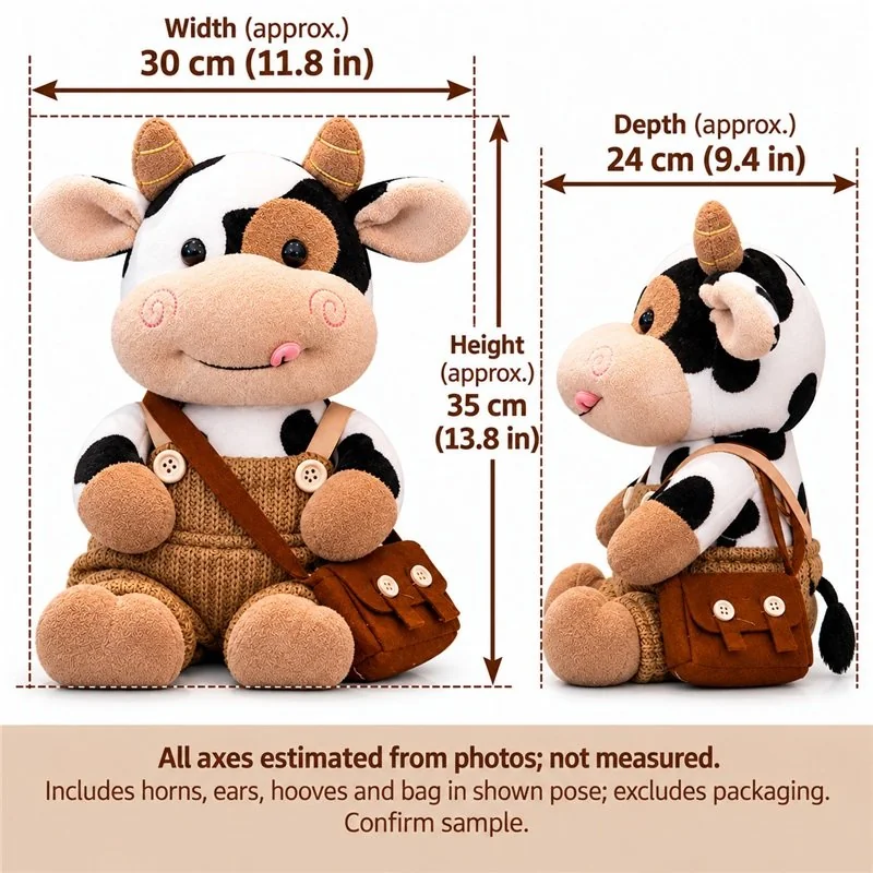 Knitted Overall Cow Plush — proposed size reference; dimensions require sample confirmation.