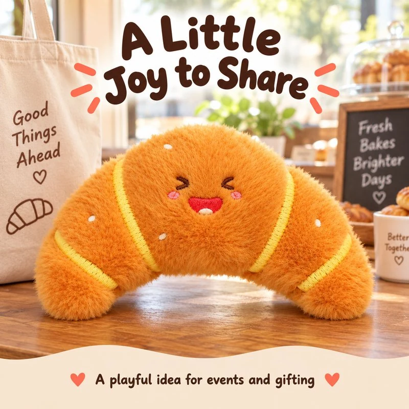 Illustrative application scene featuring laughing croissant plush charm; setting is a concept.