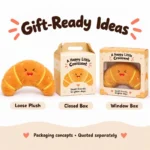 Laughing Croissant Plush Charm — optional packaging concept; final artwork, fit and quotation require confirmation.