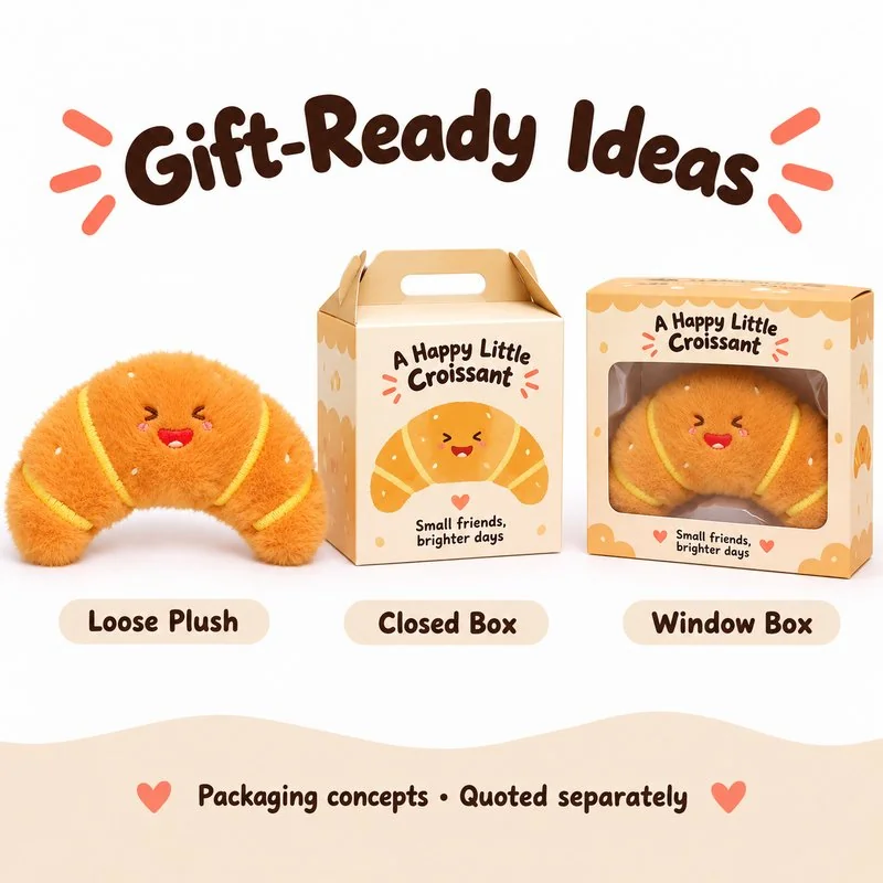 Laughing Croissant Plush Charm — optional packaging concept; final artwork, fit and quotation require confirmation.