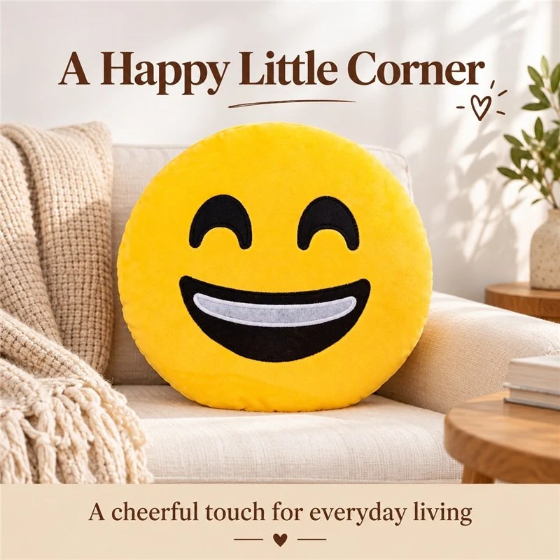 Illustrative application scene featuring laughing face emoji plush pillow; setting is a concept.