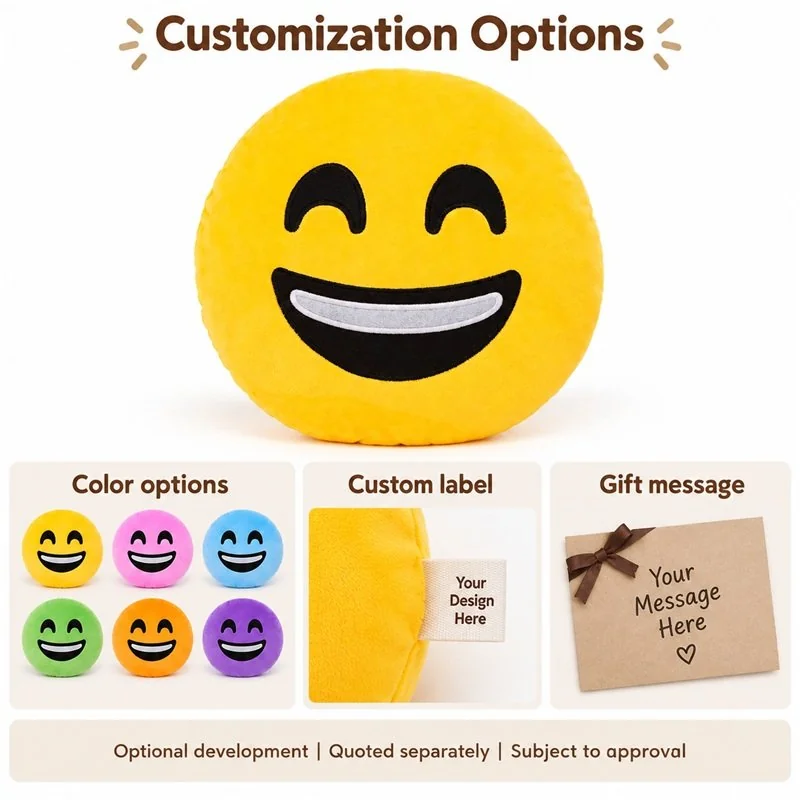Customization concept for laughing face emoji plush pillow; feasibility and sample approval required.