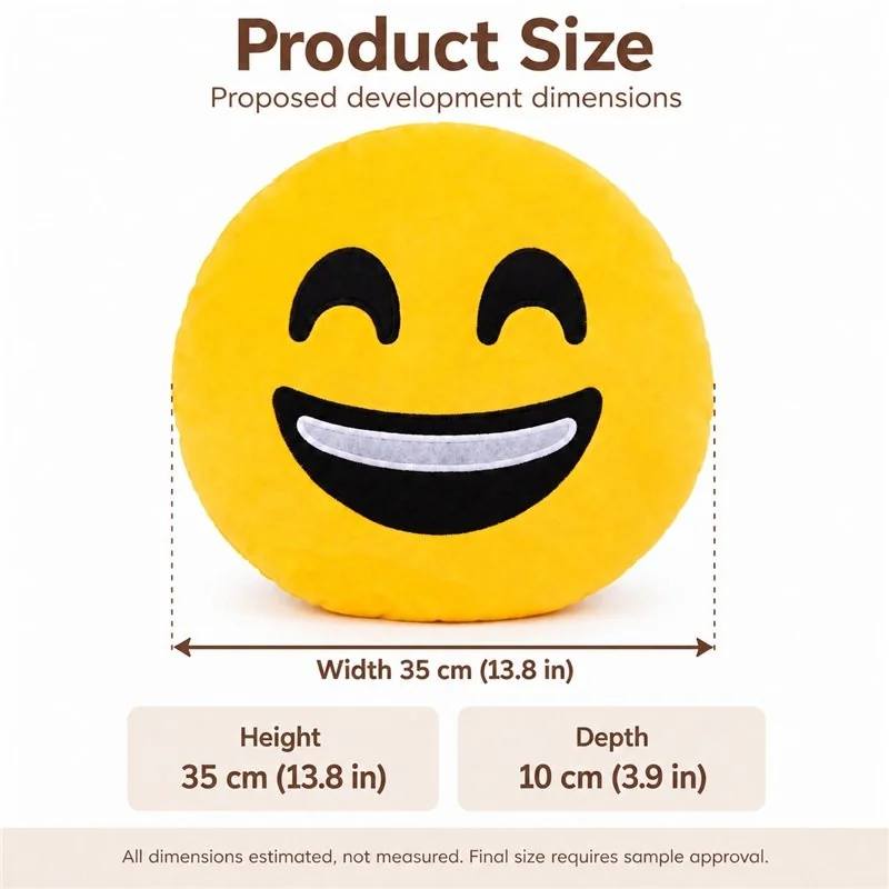 Laughing Face Emoji Plush Pillow — proposed size reference; dimensions require sample confirmation.