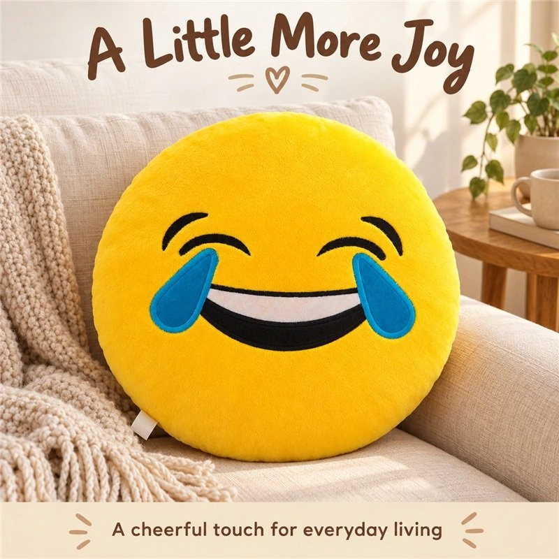 Illustrative application scene featuring laughing tears emoji plush pillow; setting is a concept.