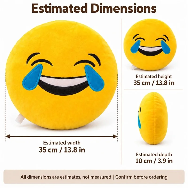 Laughing Tears Emoji Plush Pillow — proposed size reference; dimensions require sample confirmation.