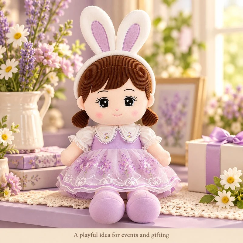 Illustrative application scene featuring lavender bunny ear cloth doll; setting is a concept.