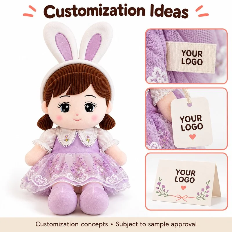 Customization concept for lavender bunny ear cloth doll; feasibility and sample approval required.