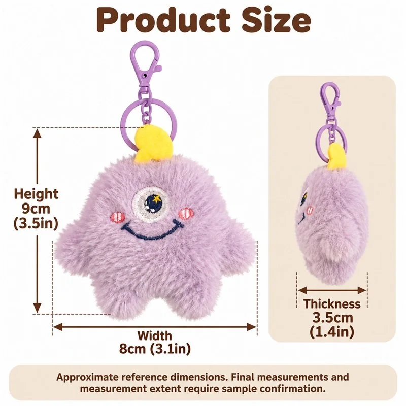 Lilac One Eyed Monster Plush Keychain — proposed size reference; dimensions require sample confirmation.