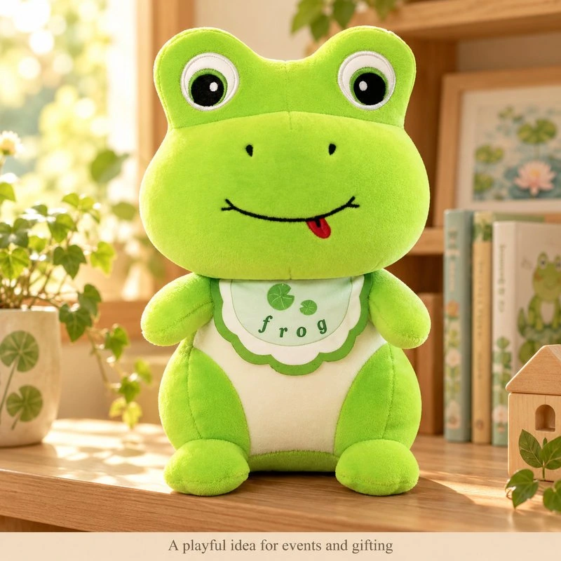 Illustrative application scene featuring lily pad bib green frog plush; setting is a concept.