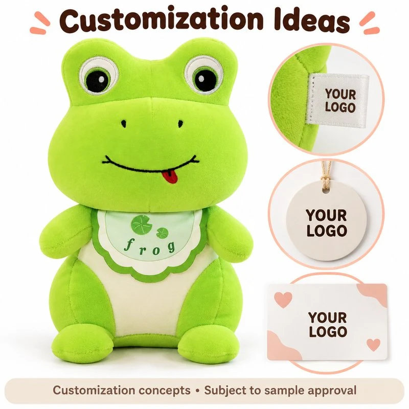 Customization concept for lily pad bib green frog plush; feasibility and sample approval required.