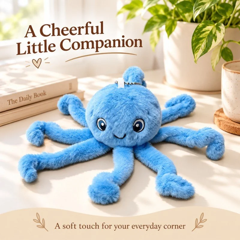Illustrative application scene featuring long arm blue octopus plush; setting is a concept.