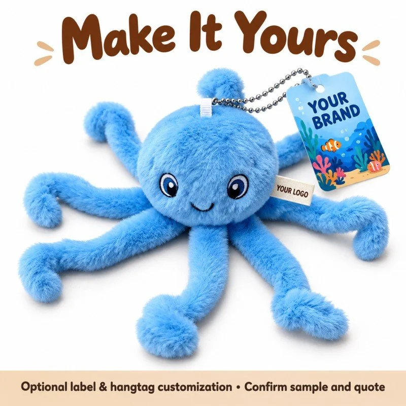 Customization concept for long arm blue octopus plush; feasibility and sample approval required.