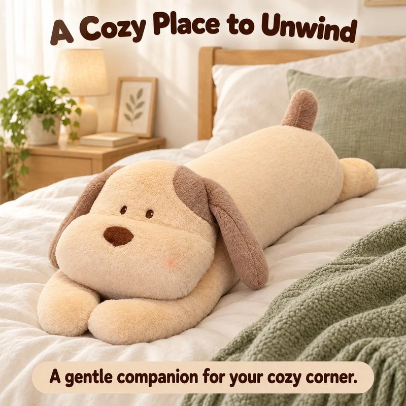 Illustrative application scene featuring long floppy ear dog plush pillow; setting is a concept.