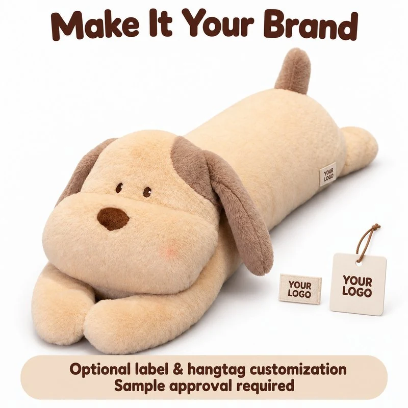 Customization concept for long floppy ear dog plush pillow; feasibility and sample approval required.