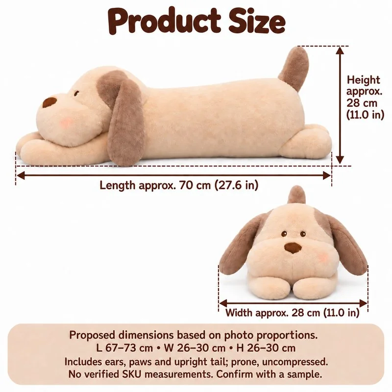 Long Floppy Ear Dog Plush Pillow — proposed size reference; dimensions require sample confirmation.