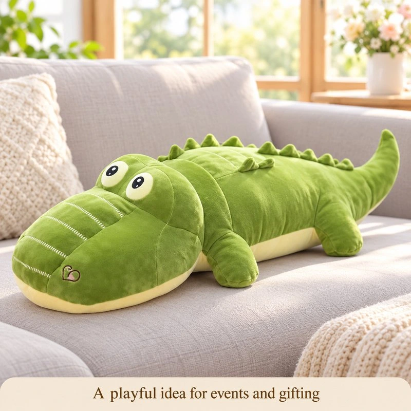 Illustrative application scene featuring long green crocodile plush pillow; setting is a concept.