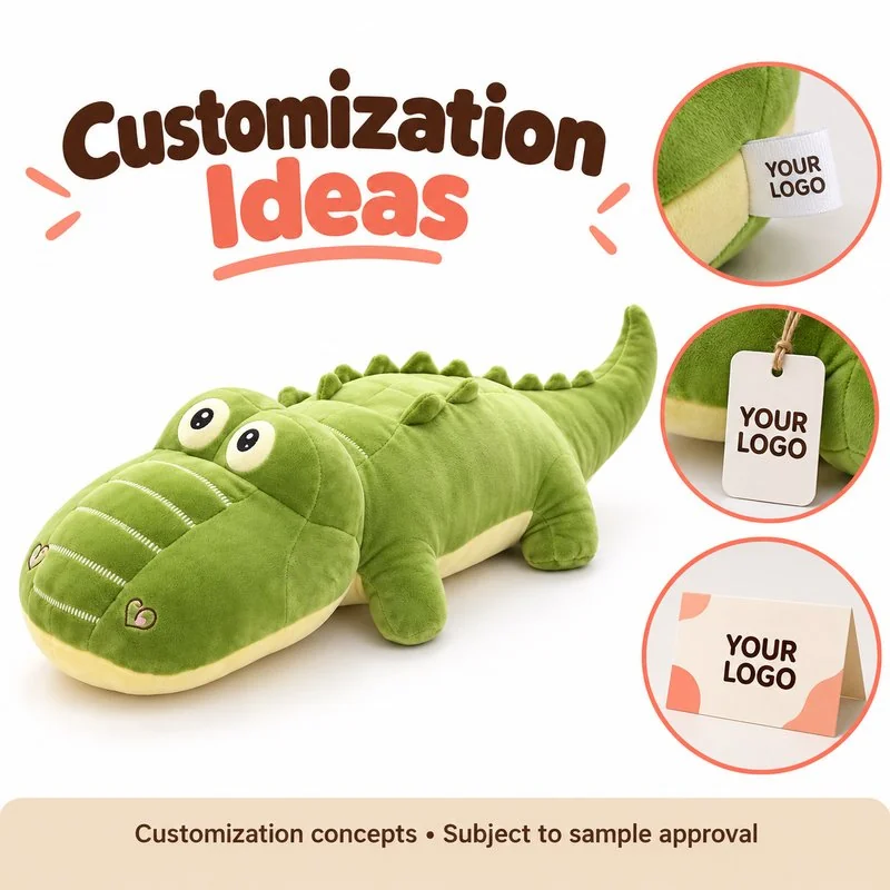 Customization concept for long green crocodile plush pillow; feasibility and sample approval required.