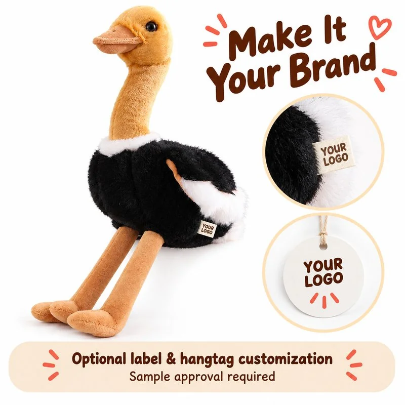 Customization concept for long leg ostrich stuffed animal; feasibility and sample approval required.