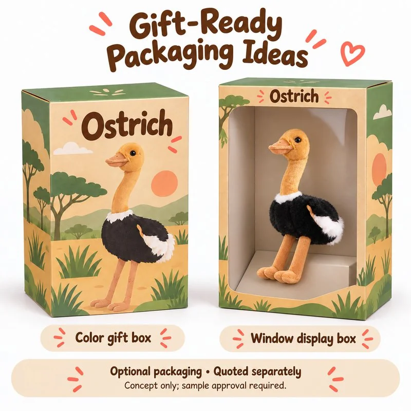 Long Leg Ostrich Stuffed Animal — optional packaging concept; final artwork, fit and quotation require confirmation.