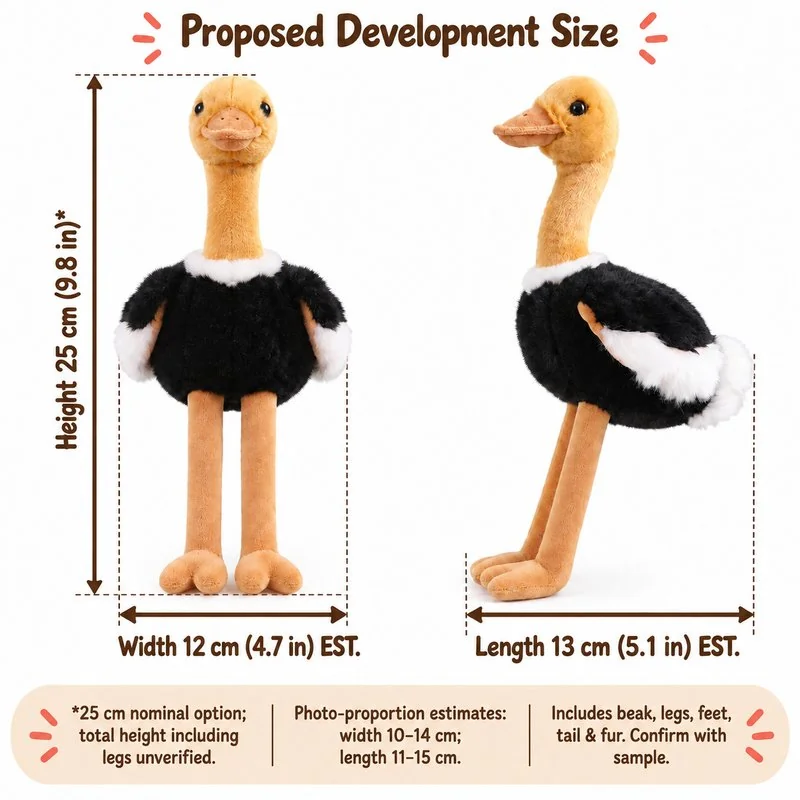 Long Leg Ostrich Stuffed Animal — proposed size reference; dimensions require sample confirmation.